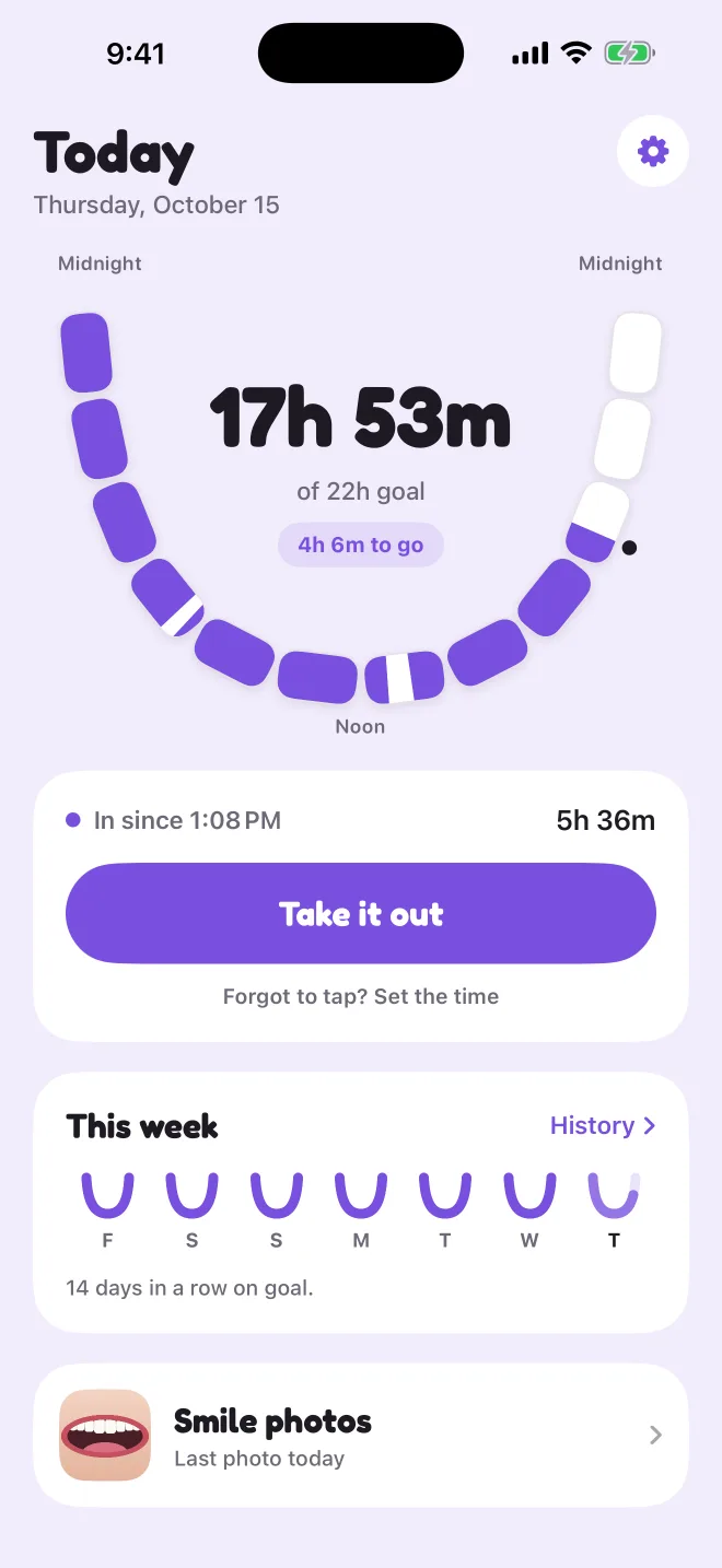 Today screen: the arch dial shows 17 hours 53 minutes of a 22 hour goal